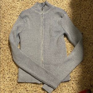Gray Ribbed Zip-Up Sweater